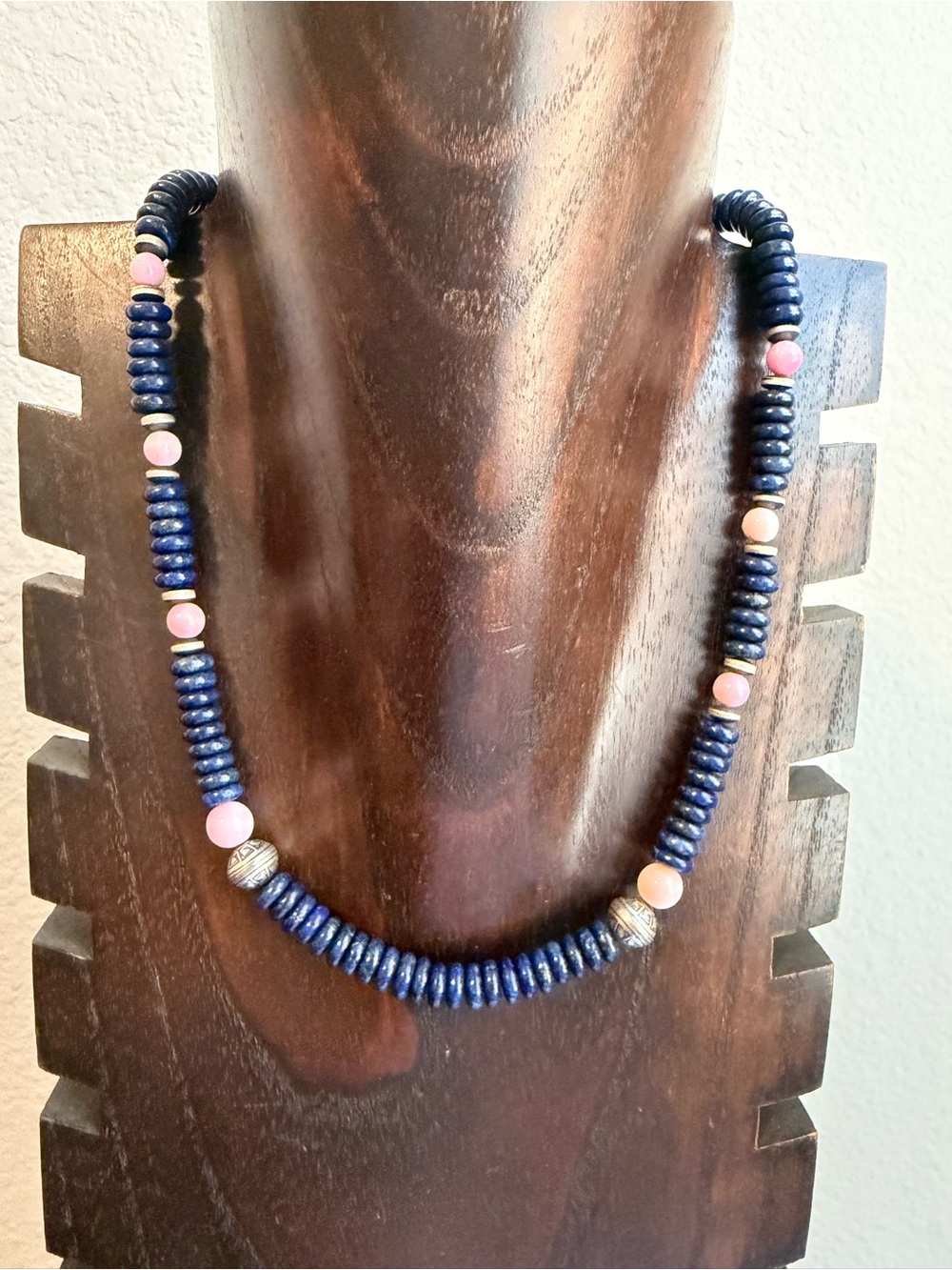 Sterling silver lapis pink conch bead necklace 18 inch